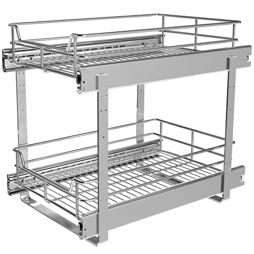 JOWBOOW 2-Tier Cabinet Pull Out Shelves (14" W x 22" D), Slide Out Shelves for Kitchen Cabinets, Metal Under Cabinet Roll Out Shelf - size: 14 X 22 Inch