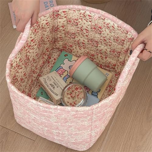 Quilted Fabric Storage Basket with Handles & Pocket, Foldable Laundry Hamper Boho Floral Print Organizer Bin for Home, Picnic, Office 12"x10"x10" (A-4) - color: A-4