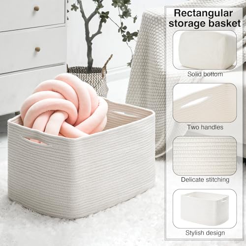 ICERZCZ Large Rectangle Blanket Basket, Large Storage Basket, Cotton Rope Woven Baskets for Storage with Handles, Toy Baskets for Baby Nursery Living Room Bedroom, 22”x17”x12”, White, 75L - color: White, size: 22”x17”x12”