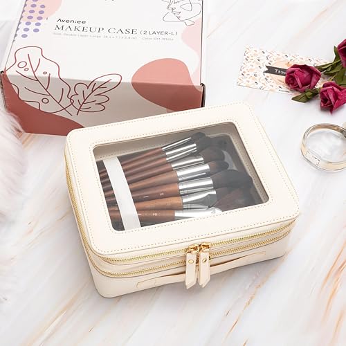 Aveniee Clear Makeup Bags, Double Layer Cosmetic Case with Separate Brush Compartment, Large Toiletry Organizer for Women, Travel Accessories Holder(2 Layers Large, White) - color: Off-White, style: Dual Layer Large