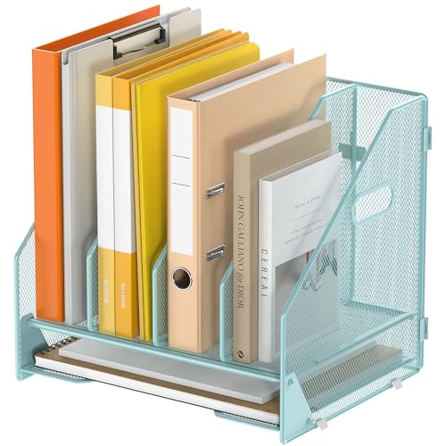 Desk File Folder Holder Organizer-4 Vertical Compartments Racks and Paper Letter Tray,Mesh Magazine File Holder Sorter,Desktop Accessories & Workspace Organizers for Home,Office,School-Blue - color: 4 Compartments-blue