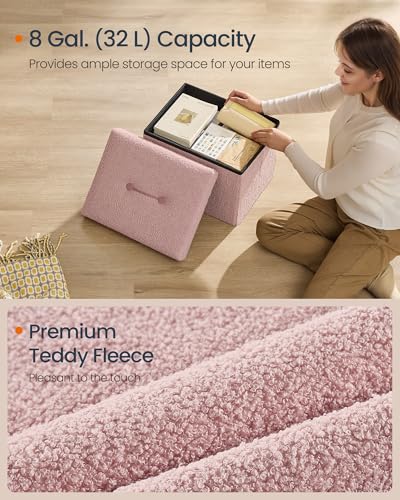 SONGMICS Small Folding Storage Ottoman, Foot Rest Stool, 12.2 x 16.1 x 12.2 Inches, Ottoman with Storage, Load up to 286 lb, for Living Room, Bedroom, Dorm, Jelly Pink ULSF094R01 - color: Jelly Pink, style: Teddy Fleece