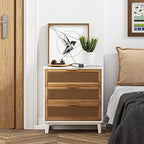 COZAYH Farmhouse 3-Drawer Nightstand, Rattan Cane Front Accent Dresser with Brass Pull, Distressed White - color: Distressed White, style: 3 Drawer/1 pack