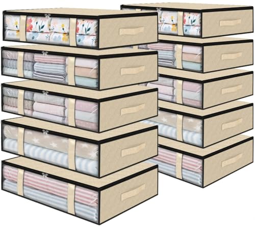 StorageRight Under Bed Storage Bags 10 Pack, 40L Large Clothes & Comforter Storage Containers with Clear Window, Breathable Fabric Organizer for Blankets, Bedding, Seasonal Clothing, Beige - color: Beige, size: 10 Pack