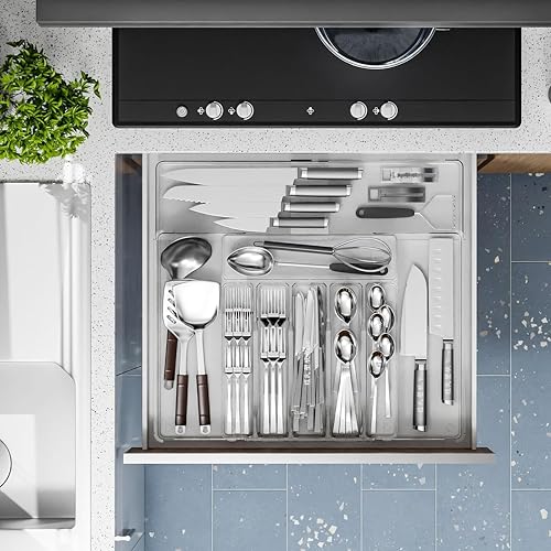 BPA-Free Expandable Utensil Drawer Organizer - Clear Plastic Adjustable Storage Tray for Kitchen Flatware, Knives, Forks and Spoons - color: Clear-9 grid