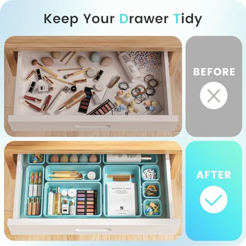A-LuGei 【𝟮𝟴𝗣𝗖𝗦】 【𝟱𝗦𝗶𝘇𝗲】 BlueGreen Drawer Organizer, Makeup organizer, 【Holds 177 Items】 Bathroom Organizers and Storage, Plastic Desk Organizer Divider, Organizer Bins for Office Vanity - color: Light Blue
