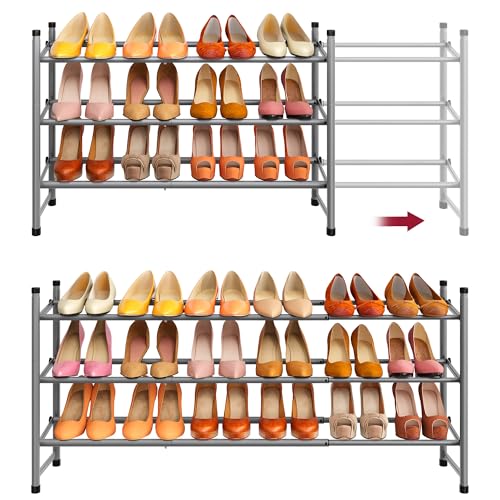 Tajsoon Expandable Shoe Rack for Closet 3 Tier, 28“-41“Adjustable & Stackable Shoe Shelf Storage, Metal Shoe Rack Organizer for Front Door Entrance, Closet, Garage, Entryway, Grey - color: Grey, size: 3 Tier