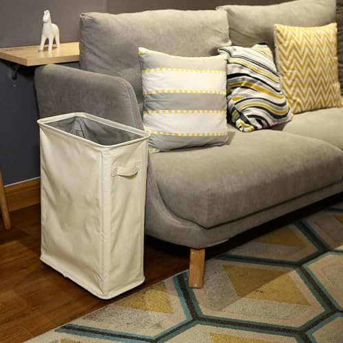 ZERO JET LAG Slim Laundry Hamper with Wheels, Small Laundry Basket for clothes, Rolling Skinny Hampers for Bedroom, Dorm and Laundry Room - 52L Standable Corner Design, (22" Beige) - color: Beige (With Wheels)