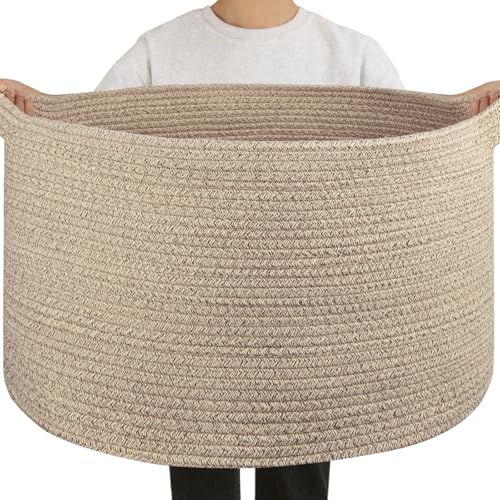 OIAHOMY 90L Blanket Basket for Living Room, Large Basket 23" x 23" x 13" with Handle, Laundry Hamper for Blankets, Pillows, Toy Storage for Kids, Dogs - Brown - color: Brown, size: 23" x 23" x 13"