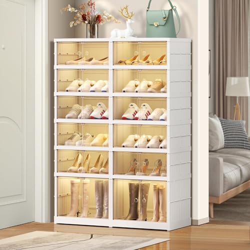 EHAMILY 6 Tier Foldable Shoe Rack Organizer for Closet 12-24Pairs Plastic Collapsible Shoe Shelf for front door entrance Stackable Clear Folding Shoes Storage Boxes XLarge Shoe Cabinet - size: 6 Tiers 24 Pairs