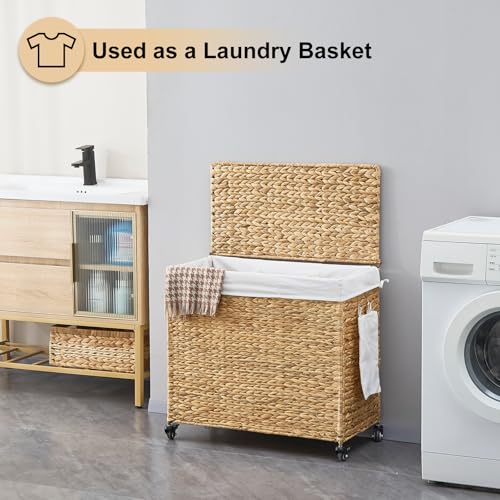 Handwoven Hamper with Lid, Laundry Basket with Wheels, Machine Washable Liner, 3 Section Clothes Hamper for Bathroom Laundry Room Bedroom(Natural, 165L) - color: Natural/With Lid/165L