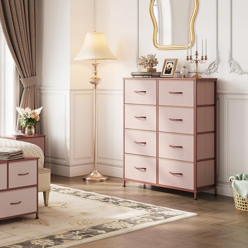 WLIVE Fabric Dresser for Bedroom, Tall Dresser with 8 Drawers, Storage Tower with Fabric Bins, Double Dresser, Chest of Drawers for Closet, Playroom, Dormitory, Pink and Rose Gold - color: Pink and Rose Gold, style: General