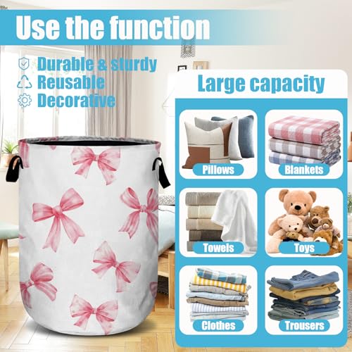 Pink Bow Laundry Basket, Laundry Hamper Collapsible Oxford Cloth with Handle Clothes Toy Storage Bin for Bathroom Laundry Room Bedroom 15.7 X 20 Inch - color: Pink Bow