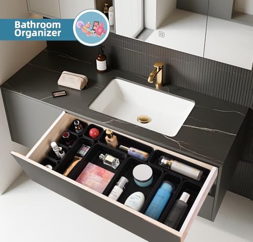 Kutesna 25 PCS Black Drawer Organizer Set, 4 Size Interlocking Plastic Storage Bins for Office Supplies, Jewelry Makeup Vanity, Bathroom Kitchen, Home Organization Closet, Gadgets Small Items - color: Black
