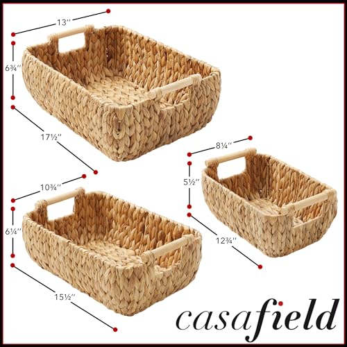 Casafield Set of 3 Water Hyacinth Oval Storage Baskets with Wooden Handles - Small, Medium, Large - Woven Nesting Basket Organizers - color: Natural - Hyacinth, size: Set of 3 - Small, Medium, Large