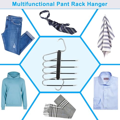 2 Pack Pants Hangers Space Saving Clothes Hangers 5 Layers, Non Slip Pant Hanger for Closet Organizers and Storage, Stainless Steel Jean Hangers Multifunctional Pant Rack for Trouser, Scarf, Skirt