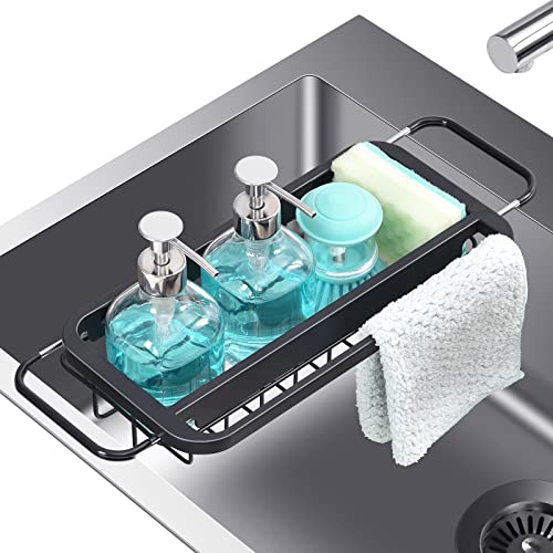 TOOLF Expandable Sink Caddy with Dish Towel Bar, Adjustable Over-The-Sink Organizer for Kitchen, Rustproof Sponge Holder and Drying Rack - size: Small