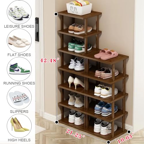 AFOORD Vertical Shoe Rack-Tall Narrow Shoe Rack Organizer for Small Spaces,12Tier Bamboo Shoen Shelf for Entryway,Closet,Corner,Doorway,Skinny Shoe Shelf Space Saving Shoe storage,Free Stackable DIY - color: Brown, size: 12-tier