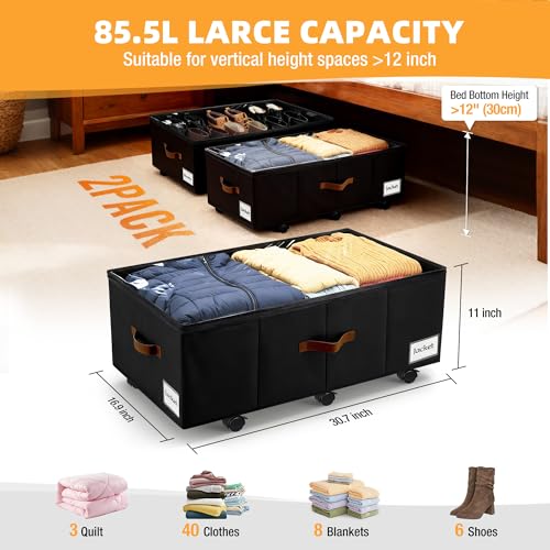 Under Bed Storage with Wheels,Underbed Storage with Sturdy Sidewalls/Bottom, Clear Cover, Label and PU Handle, Rolling Under Bed Drawers for Clothes, Shoes, 11 Inch Height,Black, 2 Pack - color: Black 2 Pack, size: 11 inch