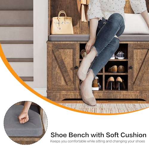 71" Hall Tree with Bench and Shoe Storage, Entryway Hall Tree with 2 Doors and 6 Adjustable Shelves, Cushioned Storage Bench with Coat Rack for Hallway, Living Room, Mudroom - color: Rustic Brown
