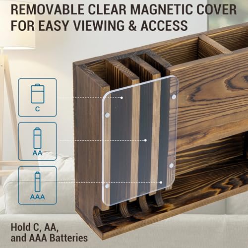MyGift Wall-Mounted Remote Control Holder with Battery Storage Organizer, 2 Slot TV Remote Caddy, Rustic Burnt Wood, for Office, Home