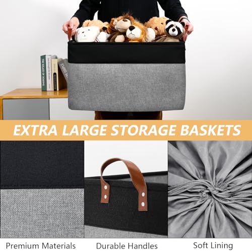 DULLEMELO Extra Large Canvas Fabric Storage Basket, 70L Foldable Closet Storage Bin with Handles, 22" Large Blanket Basket Living Room for Storage Toys, Pillows, Clothes, Books (Black&Grey) - color: Black&Gray, size: Extra Large-22" x 15" x 13"