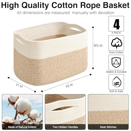 ICERZCZ Storage Baskets for Organizing & Shelves, Woven Cotton Rope Organization Bins for Dog Toys, Clothes, Books, Nursery Organizer, 15" Lx11''Wx9.5''H, (4 Packs) Off White & Brown - color: Off White & Brown, size: 15"(L)×11"(W)×9.5"(H)
