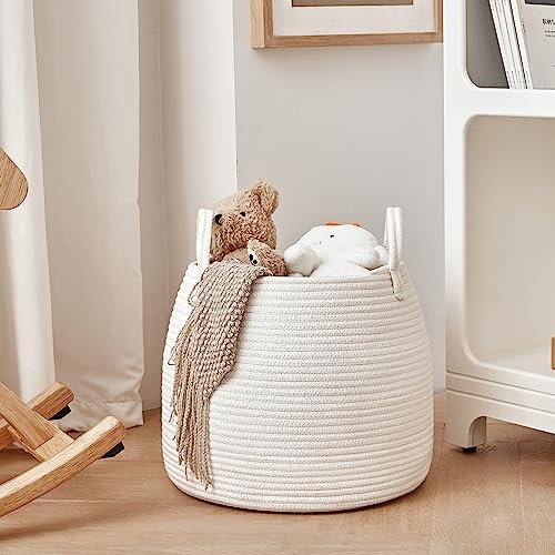 R RUNKA Nursery Laundry Basket | Kids Hamper for Blankets, Pillows,Toys (15"x 13")| Baby Toy Basket | Nursery Storage for Boho Room Decor | Ideal Gift for Baby Showers| White