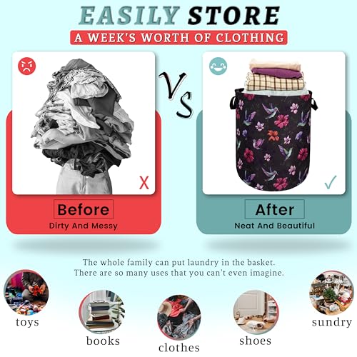 Beautiful Hummingbird Hibiscus Flower Laundry Basket Foldable With Handles Tote Bag Oxford Cloth Colorful Laundry Hamper Clothes Storage Bucket For Bathroom/Laundry/Bedroom 18.9" x 16.5 " - color: Pretty Hummingbird Hibiscus Flower