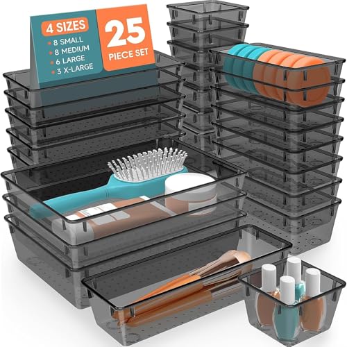 SpaceHacks 25 PCS Plastic Drawer Organizer Set, 4-Size Versatile Organizer Tool Trays & storage Bins for Makeup, Jewelry, and Gadgets in Bathroom, Bedroom and Office,Clear Black - color: Clear Black