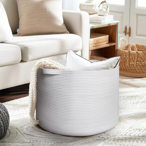 Large White Blanket Basket, 22"x14" Woven Cotton Rope Baskets for Organizing, Kids Dog Toy Bin Box, Large Wicker Blanket Storage for Living Room, Throw Pillow Holder Organizer, Shoe Towel Bin - color: White