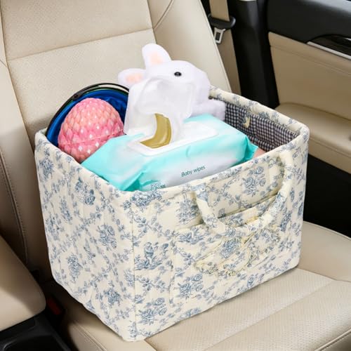 Quilted Fabric Basket Foldable Car Storage Boho Floral Laundry Basket Hamper for Nursery Bedroom & Living Room | Organize Clothes Toys - color: Blue-Toned Pastoral