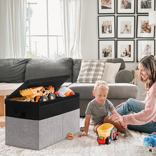 INDRESSME 25"x13"x16" Large Storage Box, Storage Organizer Collapsible Bins with Lids, Playroom, Living Room, Storage Baskets (Black & Grey) - color: Black & Grey, size: 25"x13"x16"