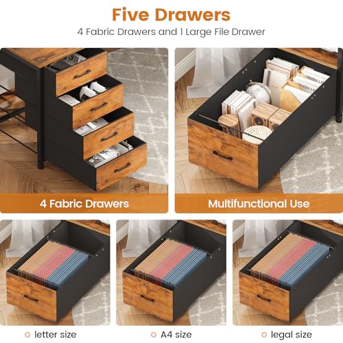 SEDETA Home Office Desk with File Drawer & Power Outlet, 75'' Large Computer Desk with 5 Drawer, Storage Shelves, Monitor Shelf and Led Lights, 23.6" W Desktop Gaming Desk, Rustic Brown - color: Rustic Brown, size: 75X23.6inch