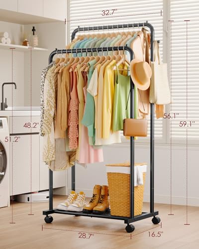 Sakugi Clothes Rack - Double Rods Clothing Rack with Mesh Shelf, Hooks & Wheels, Metal Clothing Racks for Hanging Clothes & Bags, Multifunctional Garment Rack for Laundry, Black, 28.7" x 16.5" x 59.1" - color: Black, size: Large 28.7"W x 16.5"D x 59.1"H