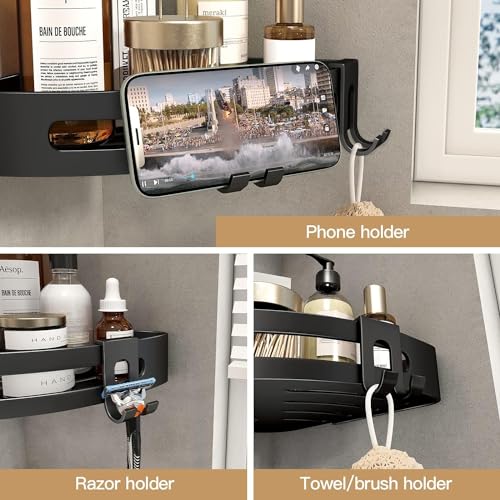 VOLPONE 3-Pack Black Triangle Shower Caddy, 3-Tier Corner Shelves, Rustproof Shower Storage Rack, Drill Free Wall Mount Shower Organizer, 40lbs Load Capacity - style: Without Suction Cup Triangle with Hooks 3 Tier Black