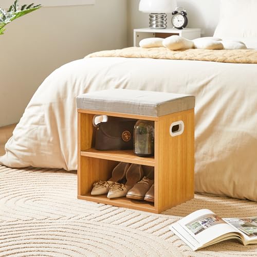 YMYNY Shoe Storage Bench with Cushion, 2 Tier Shoe Rack with Padded Seat, Adjustable Shoe Organizer Cabinet for Entryway, Living Room, Hallway, Closet, Bedroom, 15.4L*11W*16.54H, Natural, UHBD028N - color: Natural