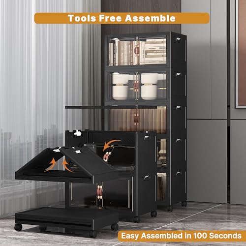 UAMFURI Extra Large Stackable Storage Bins with Lids & Wheels, Foldable Collapsible Closet Organizers Dark Storage Cabinet with Doors for Bedroom Dorm - color: Black, size: 5PACK-20"W12"D54"H