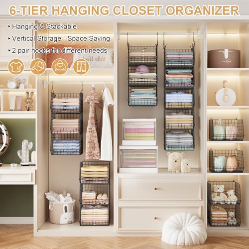 6 Tier Closet Hanging Organizer, Clothes Hanging Shelves with 4 Hanging Hooks 5 S Hooks, Wire Storage Basket Bins, for Clothing Sweaters Shoes Handbags Clutches Accessories Patent Design-Black
