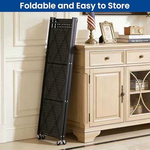 4 Tier Foldable Storage Shelf with Wheels, Collapsible Metal Rack Shelving Unit, No Assembly Required, Rolling Cart Shelf Rack Organizer for Books, Garage, Kitchen, Closet, Pantry, Exhibition, Black - size: 4-Tier