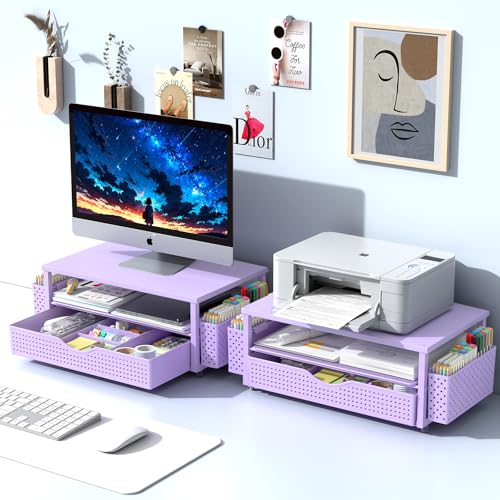 Spacrea Desk Organizer and Accessories, Computer Monitor Stand Riser with Drawer and 2 Pen Holders, Office Desk Accessories & Workspace Organizers for Office Supplies (Purple) - color: purple