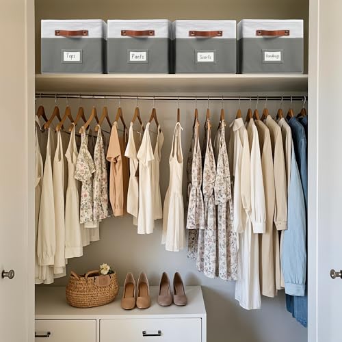 DECOMOMO Storage Baskets for Shelves - Large 15"x11"x10" Foldable Fabric Storage Bins, Baskets for Organizing with Labels (Grey & White, 4pcs) - color: Grey & White