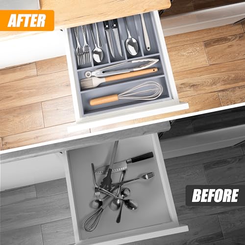 Kitchen Silverware Drawer Organizer and Storage Organizador Small De Cucharas y Tenedores Cubiertos Para Gavetas Cocina Para Gabinete Cajones Cocina Cajones Cocina Para Gabinete Hogar y Cocina Ofertas - color: Gray, size: 7 Slots