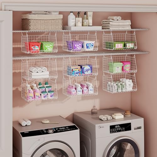 3-Tier Hanging Laundry Basket Organizer：Foldable Wire Shelf Laundry Room Organizer with 360°Rotating Hooks Small Space Solutions Pantry Baskets - Laundry Organization, White Patent - color: White, size: 3-Pack 11"D*13.7"W*29.72"H