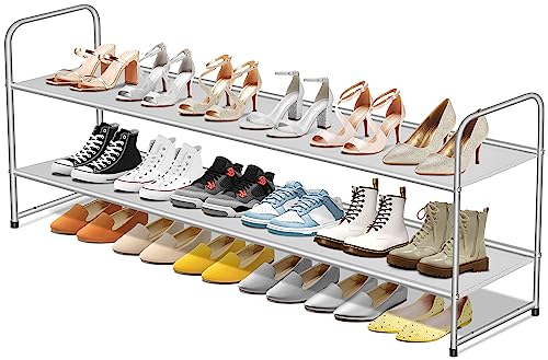 SLEEPING LAMB 2-Tier Long Shoe Rack Organizer for Closet, Stackable Wide Shoe Shelf Holds 18-Pairs Low Shoe Storage for Bedroom, Floor, Entryway (Grey) - color: Grey, size: 11.4 x 42.5 x 18.7