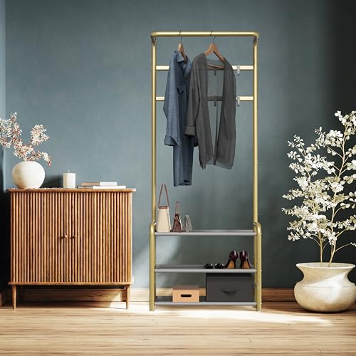 Simple Houseware Coat Rack with Storage Shelf, Freestanding Hall Tree with Hooks for Entryway, Bedroom, Office, Black Metal Clothes Hanger Stand for Coats, Hats, Jackets, Bags - Champagne Gold - color: Champagne Gold