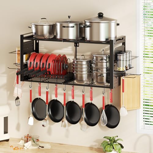 31 Inch Pot Rack Wall Mounted，3 in 1 Pots and Pans Organizer with 2 tier Kitchen Racks & Pot Lid Organizer Holder and 20 Hooks,Heavy Duty Hanging Pot Hanger for Kitchen Cookware, Utensils, Black - style: with Pot Lid Holder