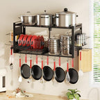 31 Inch Pot Rack Wall Mounted，3 in 1 Pots and Pans Organizer with 2 tier Kitchen Racks & Pot Lid Organizer Holder and 20 Hooks,Heavy Duty Hanging Pot Hanger for Kitchen Cookware, Utensils, Black - style: with Pot Lid Holder