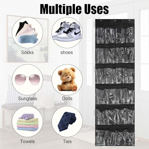 24 Pockets Over the Door Shoe Organizer, Large Hanging Shoe Rack for Door, Mesh Pocket for Closet with 3 Metal Hooks, Jewelry Organizer Holder for Sneakers Men Women Bedroom (Black) (Black) - color: Black