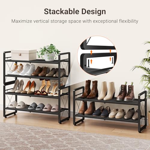 ELYKEN Shoe Rack, 2-Tier Expandable Shoe Organizer for Entryway, Metal Black Shoe Shelf with 4 Hooks, Ajustable Shoe Stand Holder for Closet, Garage, Door Entrance - size: 2-Tier